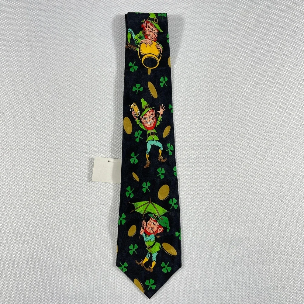 NWT Keith Daniels Mens St Patricks Day Leprechaun Shamrock Gold Coin Blk Necktie